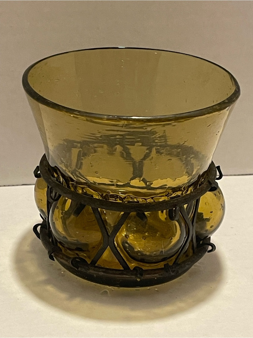 Vintage Amber Bubble Glass candle holder with Wrought Iron Cage